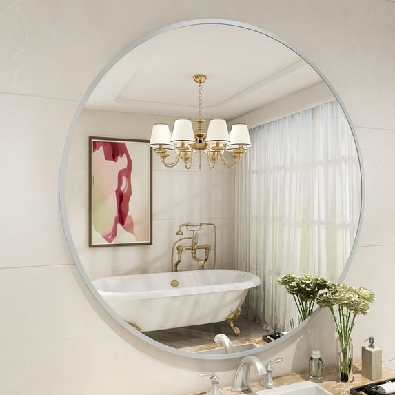 Apmir Round Aluminum Alloy Framed French Cleat Mounted Wall Decor Bathroom Vanity Mirror in Matte silvery 36 inch