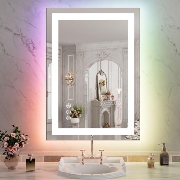 GODCHAR Super Bright RGB Backlit & LED Frontlit Anti-Fog Bathroom/Vanity Mirror in Tempered Glass & ETL 28x20 inch