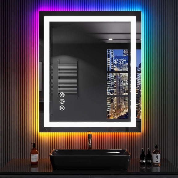 GODCHAR Super Bright RGB Backlit & LED Frontlit Anti-Fog Bathroom/Vanity Mirror in Tempered Glass & ETL 32x24 inch