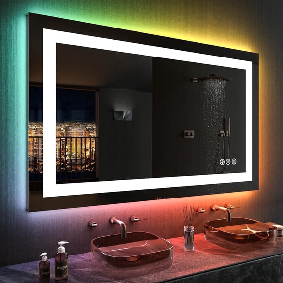 GODCHAR Super Bright RGB Backlit & LED Frontlit Anti-Fog Bathroom/Vanity Mirror in Tempered Glass & ETL 48x32 inch