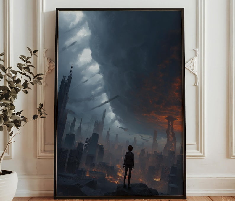 Apocalyptic Futuristic City Lone Figure Overlooking Burning Skyline ...