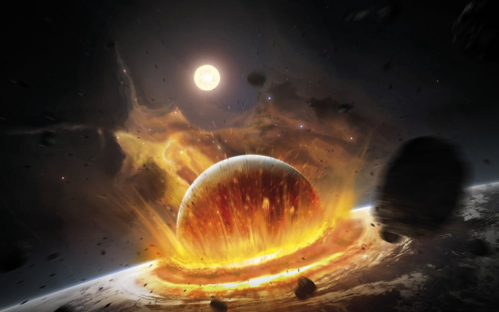Apocalyptic space scene with two colliding planets Canvas Art - Tobias RoetschStocktrek Images (36 x 23)