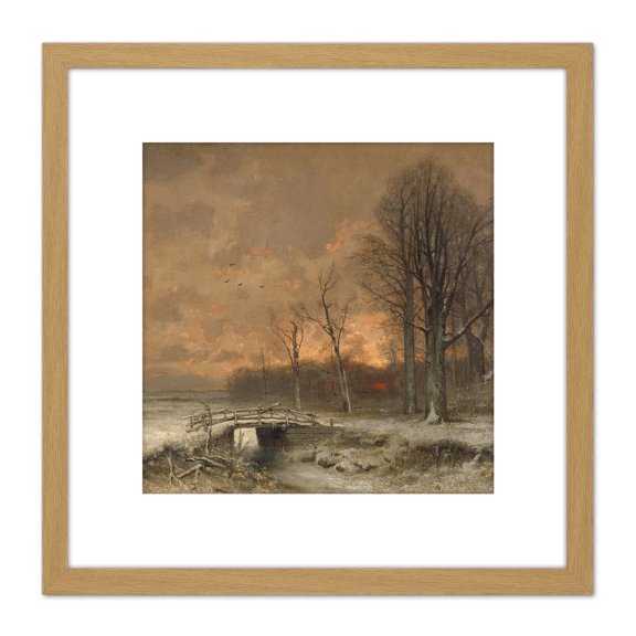 Apol Winter Scene Sun Setting Behind Trees 8X8 Inch Square Wooden Framed Wall Art Print Picture with Mount
