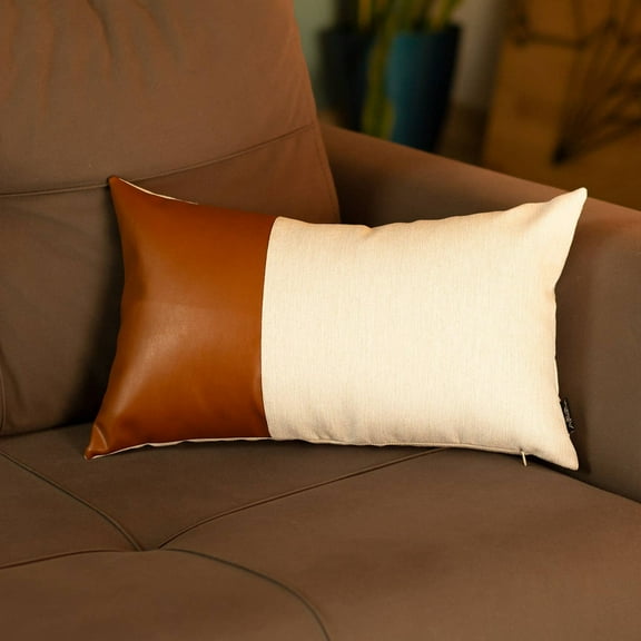 Apolena Decorative Brown Vegan Faux Leather Pillowcase Home Decor 12"x20" Cream