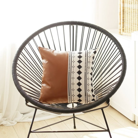 Bohemian Handmade Decorative Single Throw Pillow Vegan Faux Leather Geometric 17" x 17" Brown & Ivory Square for Couch, Bedding