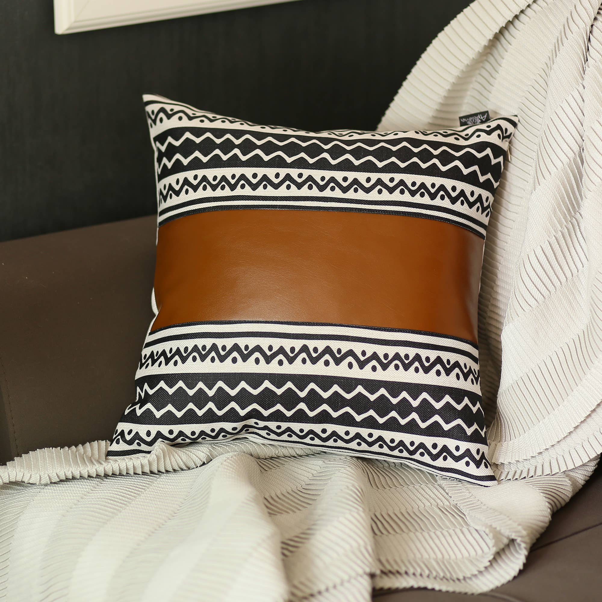 Bohemian Black and Brown Faux Leather Throw Pillow