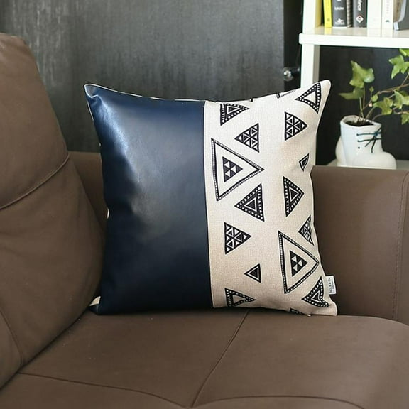 Bohemian Handmade Decorative Single Throw Pillow Vegan Faux Leather Geometric 17" x 17" Navy Blue & Ivory Square for Couch, Bedding