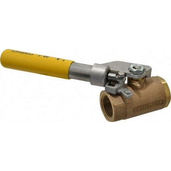 Apollo. 1" Pipe, Bronze Standard Ball Valve 2 Piece, Inline - One Way Flow, FNPT x FNPT Ends, Deadman Lever (Spring Return to Close) Handle, 600 WOG, 150 WSP