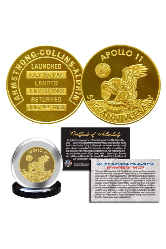Apollo 11 50th Anniv Commemorative NASA Space Medallion 1.25" Coin 24K GOLD Clad