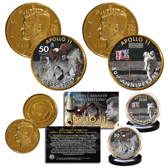 Apollo 11 50th Anniversary 1st Man on Moon JFK 100 BDAY 24K Gold Clad 2-Coin Set