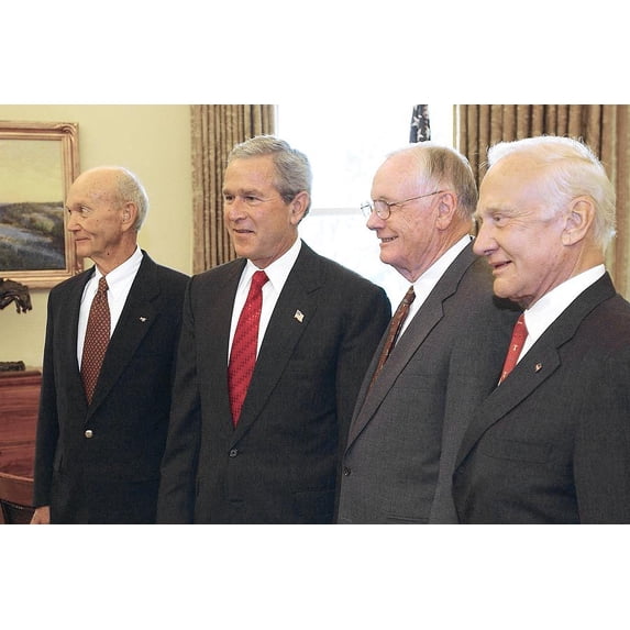 Apollo 11 Crew and President George W. Bush 2004 - Style A - 24x36 Inch Glossy Laminated Poster - Stunning Detail and Bold Colors