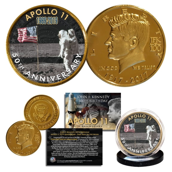 Apollo 11 Man on Moon 50th Anniversary JFK 100 Birthday 24K Gold Clad Coin Flag