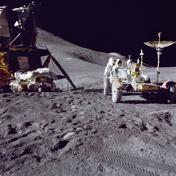 Apollo 15 Astronaut James Irwin Loads The Lunar Roving Vehicle With Tools And Equipment At The Hadley-Apennine Landing Site. Hadley Delta And The Apennine Front Are In The Background To The Left. St.
