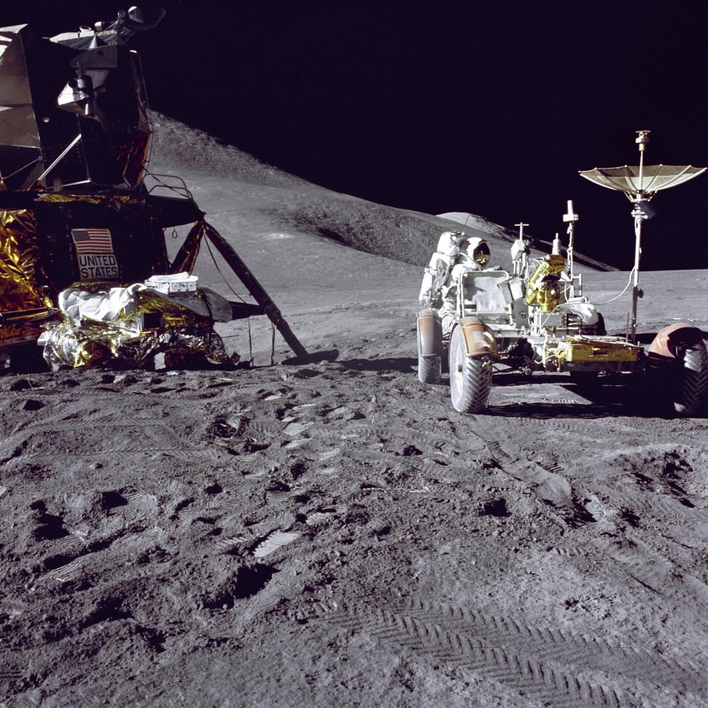 Apollo 15 astronaut loads the lunar rover with tools and equipment Canvas Art - Stocktrek Images (28 x 28)