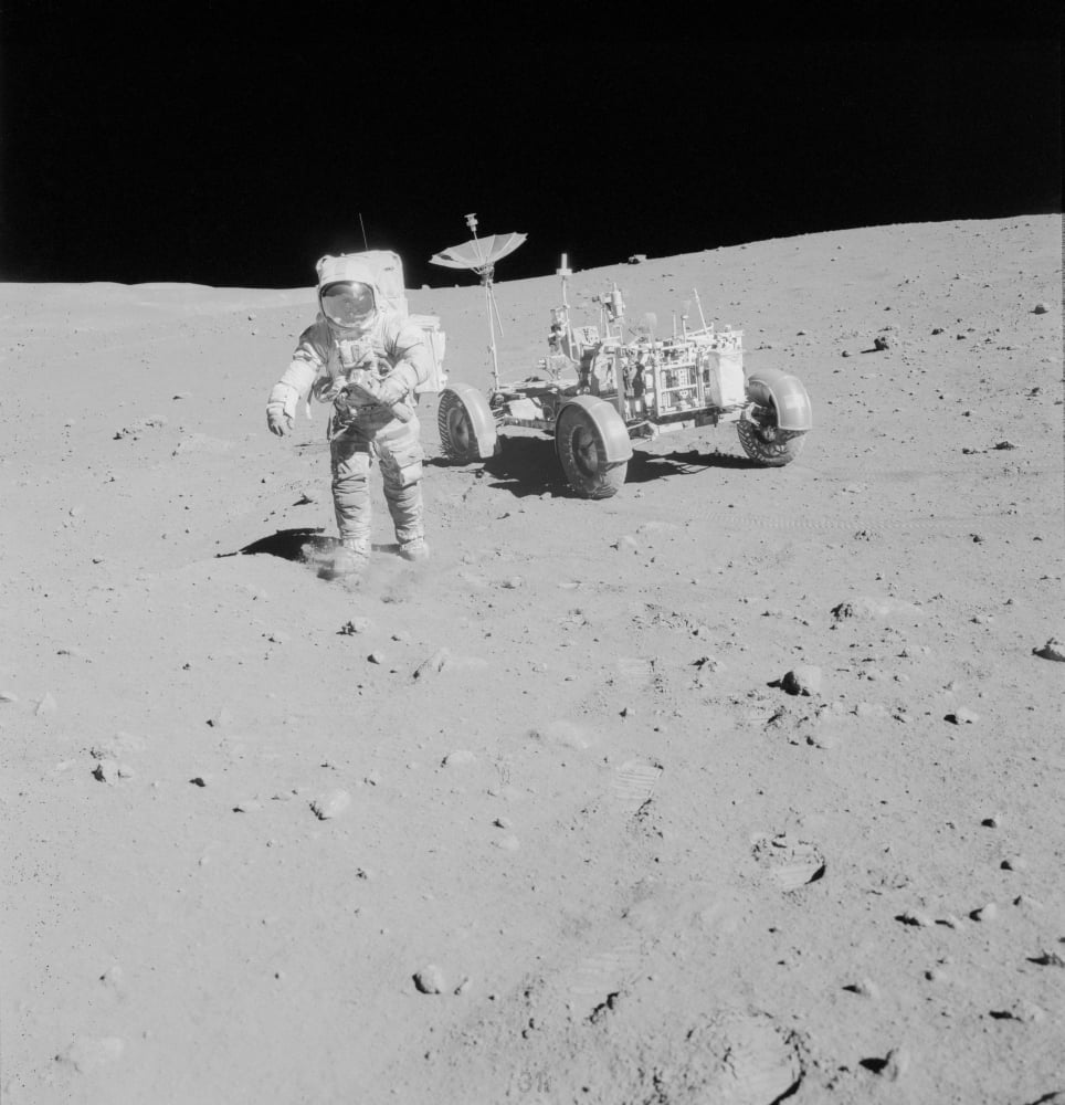 Apollo 15 astronaut walks away from the Lunar Roving Vehicle Canvas Art - Stocktrek Images (28 x 29)