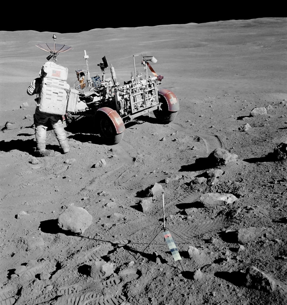 Apollo 16 astronaut stands near the Lunar Roving Vehicle Canvas Art - Stocktrek Images (28 x 29)