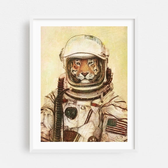 Apollo 18 - Drawing Space Surrealism Tiger Astronaut Fantasy Humor White Framed Wall Art Print 5 x 7 inches