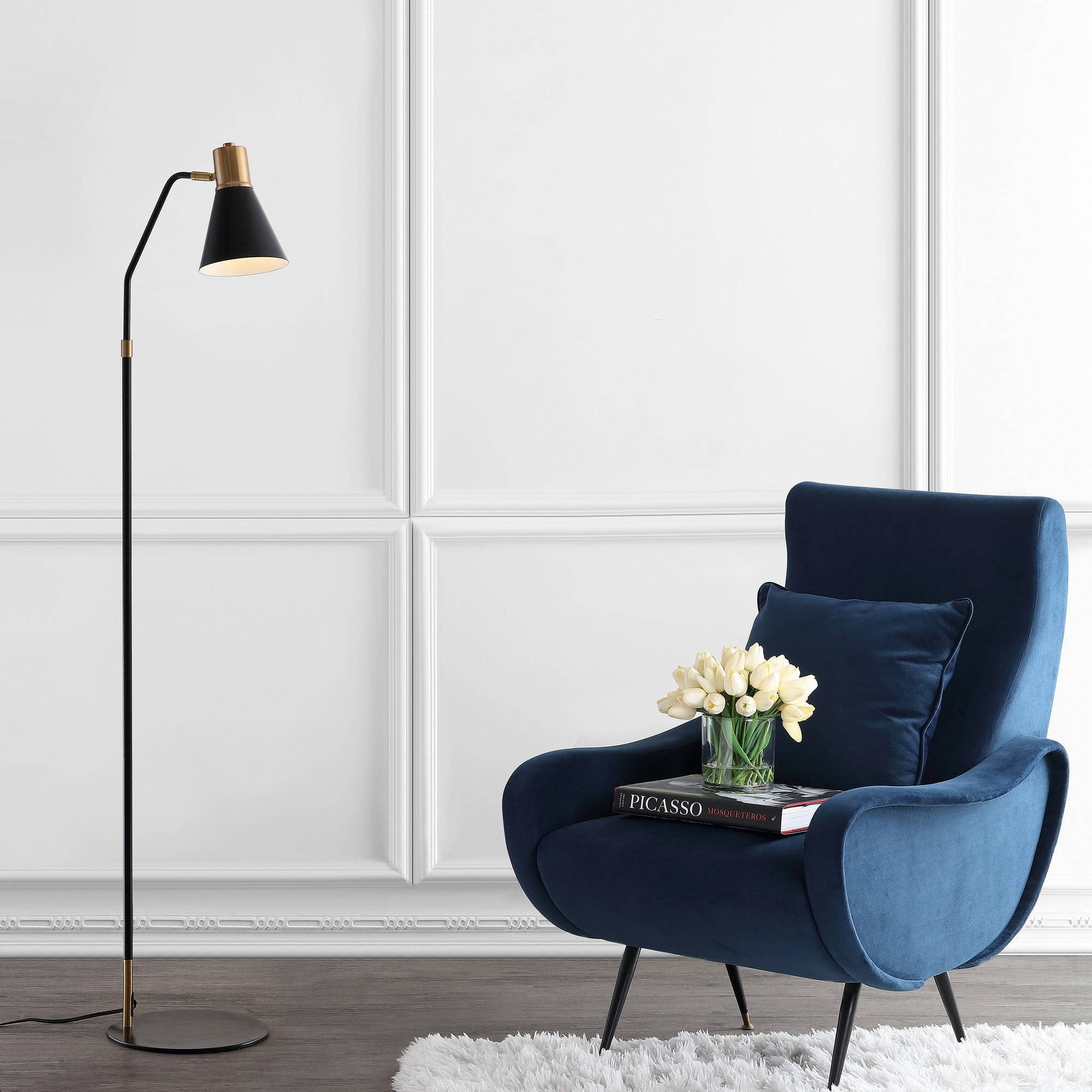 Apollo 61" Antique Black Metal LED Floor Lamp with Brass Accents