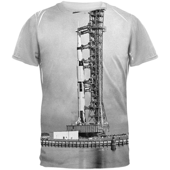 Apollo 8 Saturn 5 Rocket Black and White All Over Adult T-Shirt - Large
