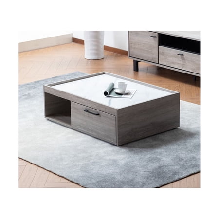 Lilola Home Apollo Gray Oak Finish Coffee Table with Marble Finish Top with Drawer