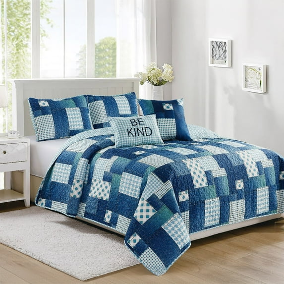 Apollo Oversized 5-Piece Reversible Quilt Set, Blue, Full-Queen