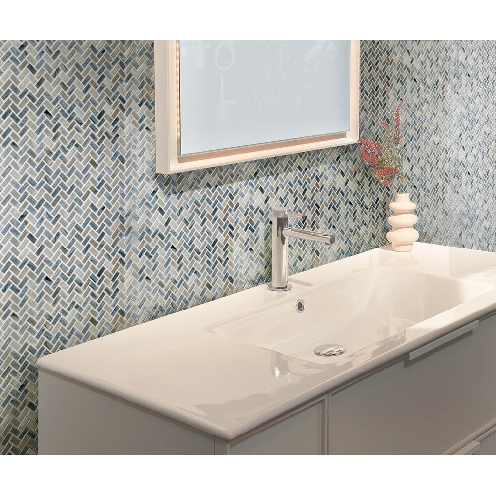 Majeste Blue and Gray Herringbone Glass Mosaic Tile