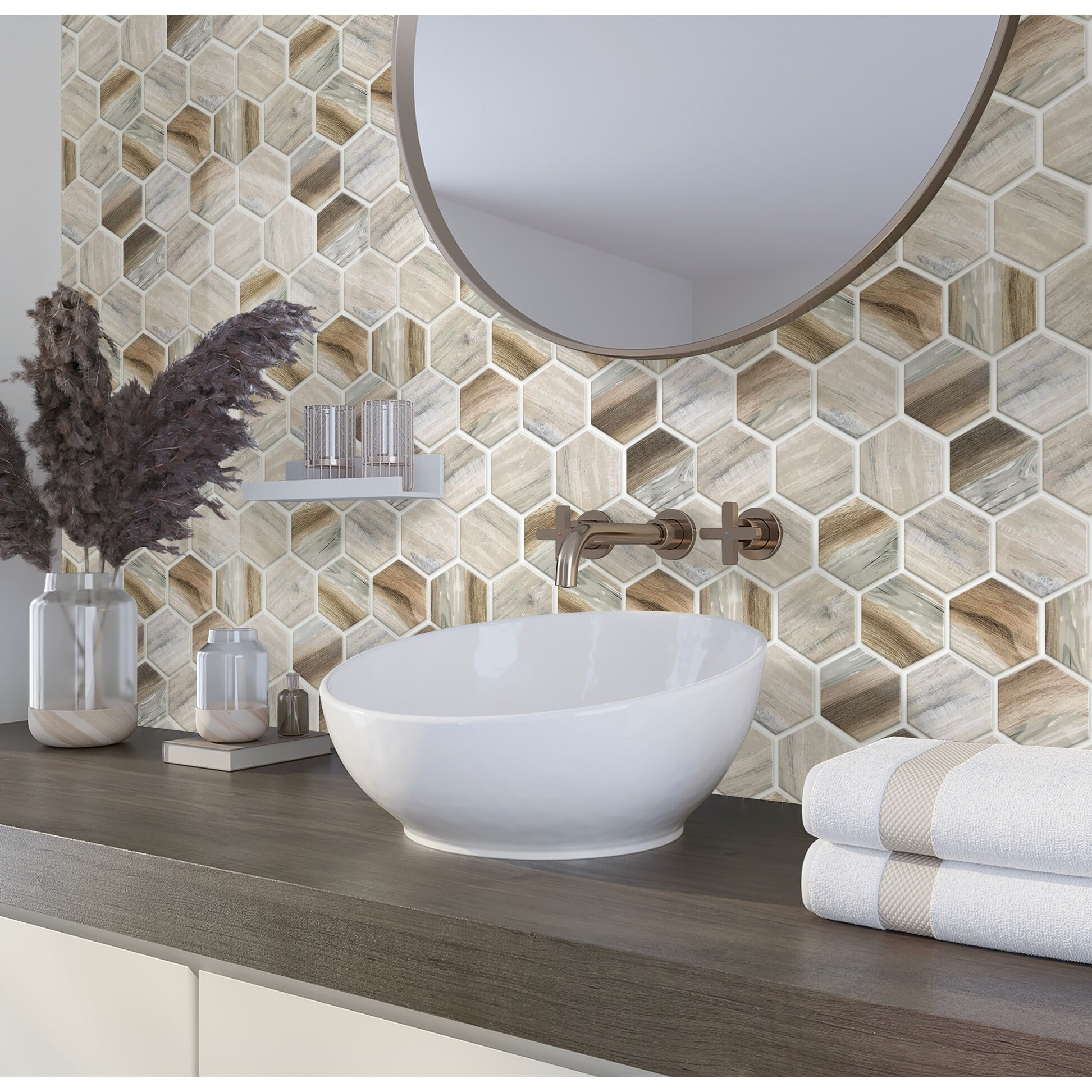 Apollo Beige and Gray Matte Glass Hexagon Mosaic Tile