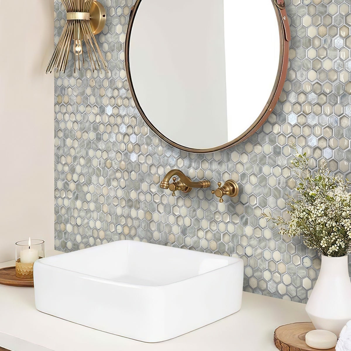 Apollo 10-Pack Gray and White Hexagon Glass Mosaic Tile