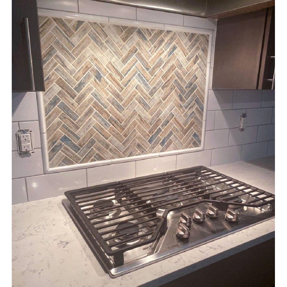 Beige and Blue Recycled Glass Herringbone Mosaic Tile