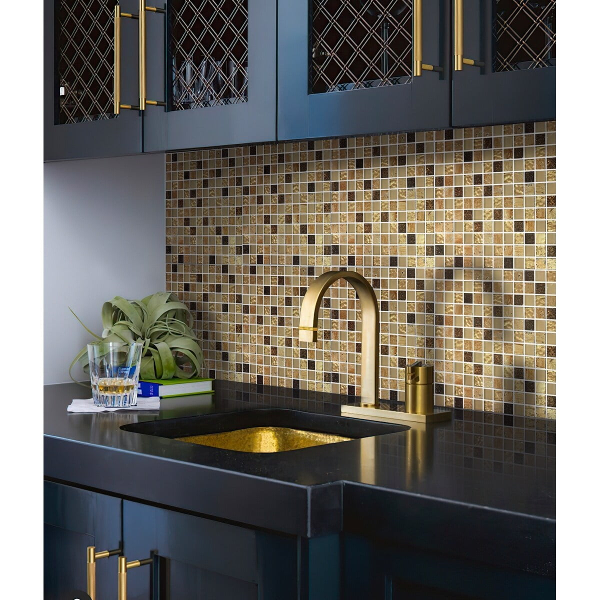 Beige and Brown Polished Glass and Stone Mosaic Tile
