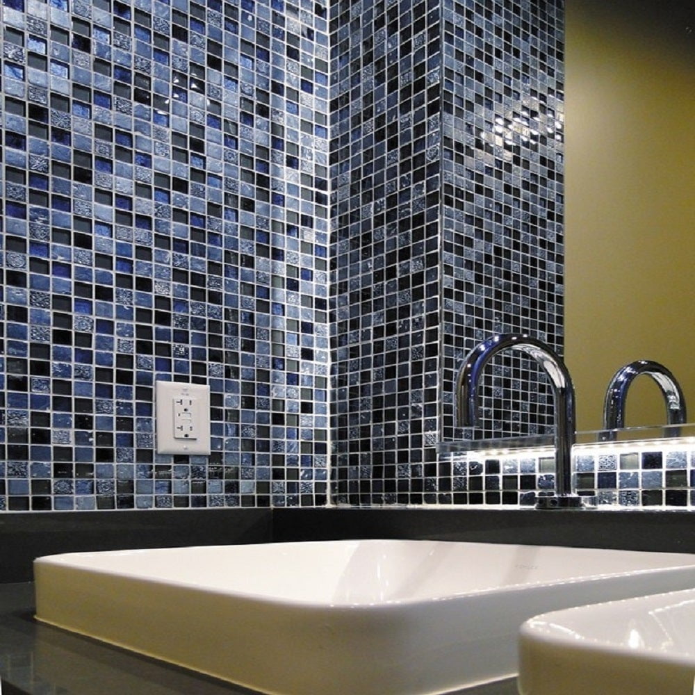Gray and Blue Polished Glass and Stone Mosaic Tile