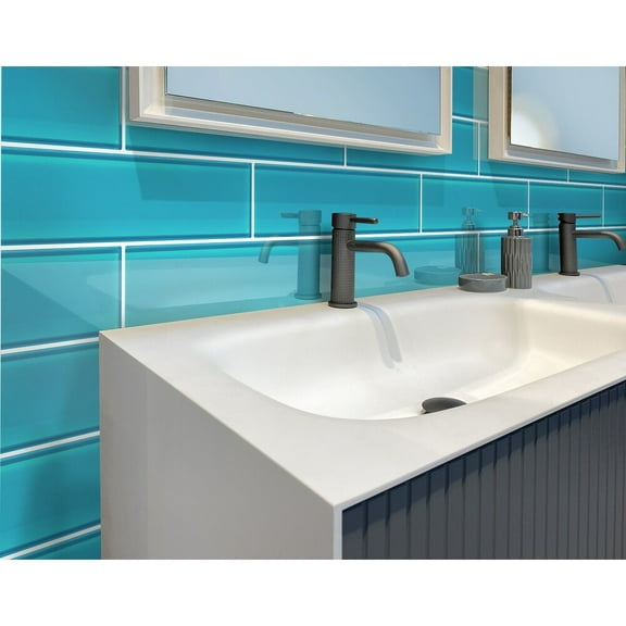Apollo Tile 12 Pack 4-in x 16-in Cerulean Blue Rectangular Subway Glossy Finished Glass Mosaic Wall Tile (5.33 sq ft/case)