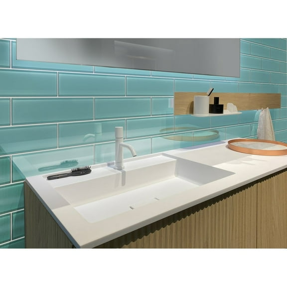 Apollo Tile   12 Pack 4-in x 16-in Turkish Blue Rectangular Subway Glossy Finished Glass Mosaic Wall Tile (5.33 sq ft/case)