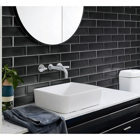 Apollo Tile   40 Pack 3-in x 6-in Black Rectangular Subway Glossy Finished Glass Mosaic Wall Tile (5 Sq ft/case)