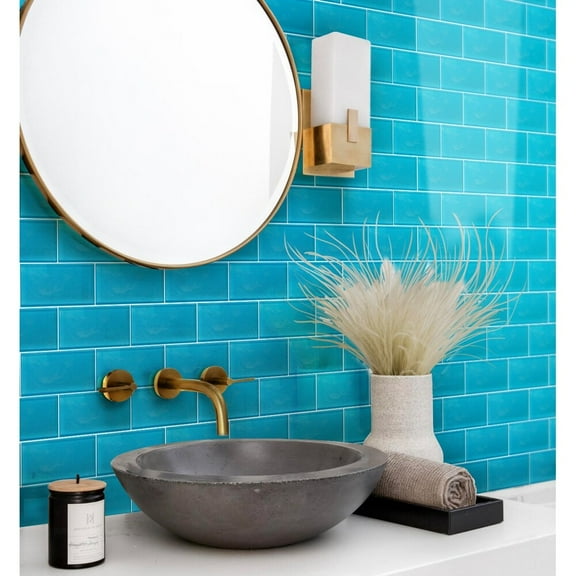 Apollo Tile 40 Pack 3-in x 6-in Cerulean Blue Rectangular Subway Glossy Finished Glass Mosaic Wall Tile (5 Sq ft/case)