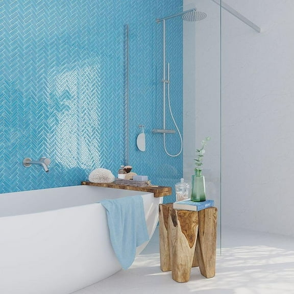 Apollo Tile 5 Pack 11-in x 12.6-in Carolina Blue Herringbone Glossy Finished Glass Mosaic Wall and Floor Tile (4.92 sq ft/case)