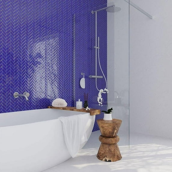 Apollo Tile 5 Pack 11-in x 12.6-in Royal Blue Herringbone Glossy Finished Glass Mosaic Wall and Floor Tile (4.92 sq ft/case)