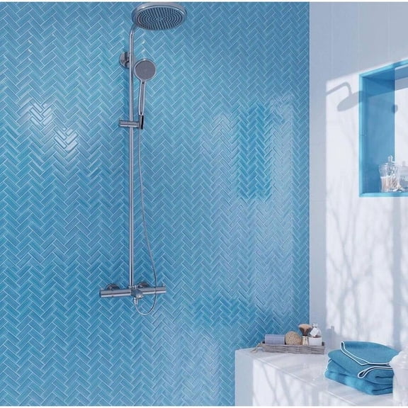 Apollo Tile 5 Pack 11-in x 12.6-in Sea Blue Herringbone Glossy Finished Glass Mosaic Wall and Floor Tile (4.92 sq ft/case)