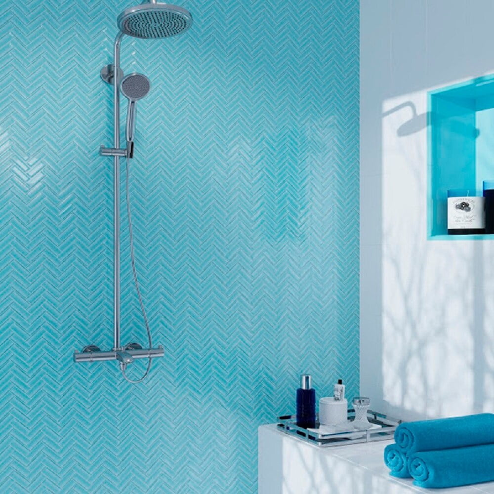 Sky Blue Herringbone Polished Glass Mosaic Tile