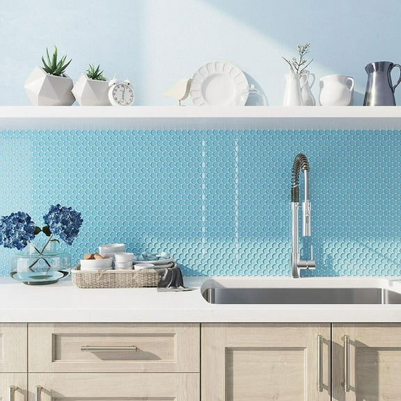 Apollo Tile 5 Pack 12-in x 12-in Carolina Blue Penny Round Glossy Finished Glass Mosaic Wall and Floor Tile (5 sq ft/case)