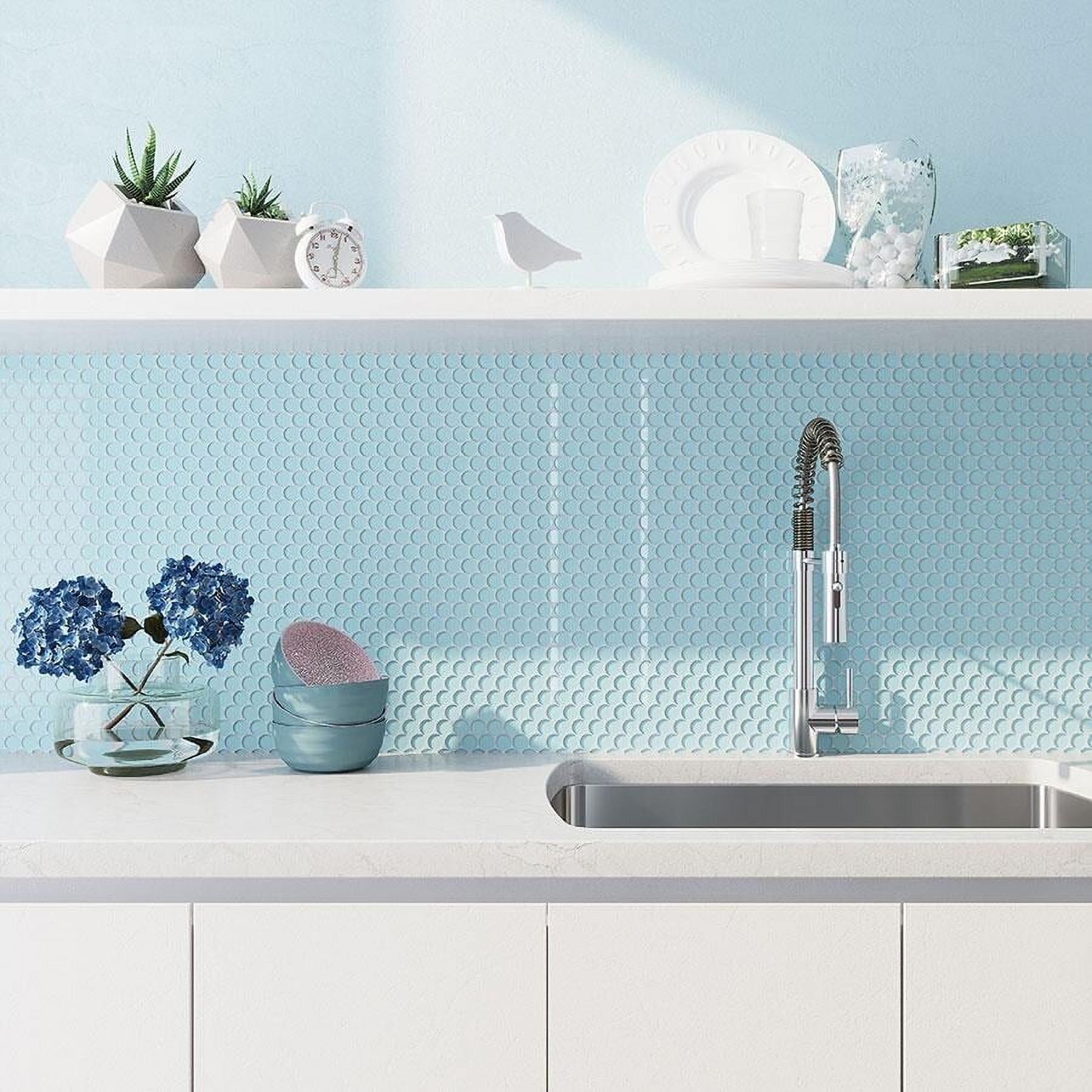Sky Blue Penny Round Polished Glass Mosaic Tile 12'' x 12''