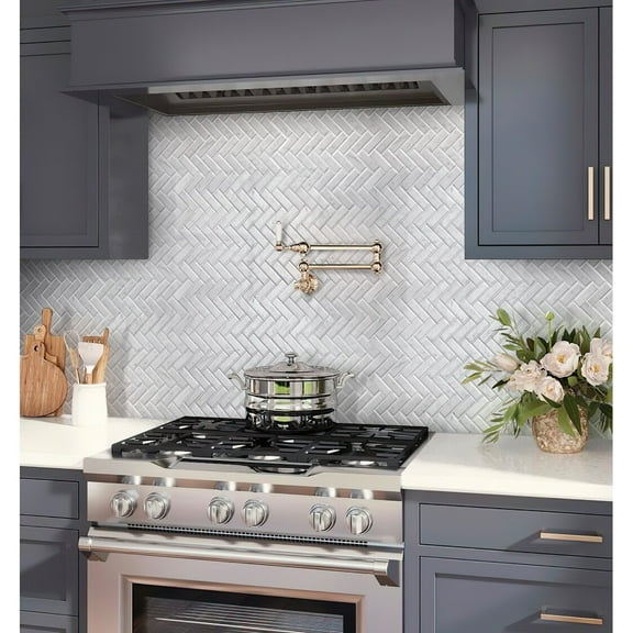 Apollo Tile   5 Pack White 11.9-in. x 12.8-in. Herringbone Polished Marble Mosaic Tile (5.29 Sq ft/case)