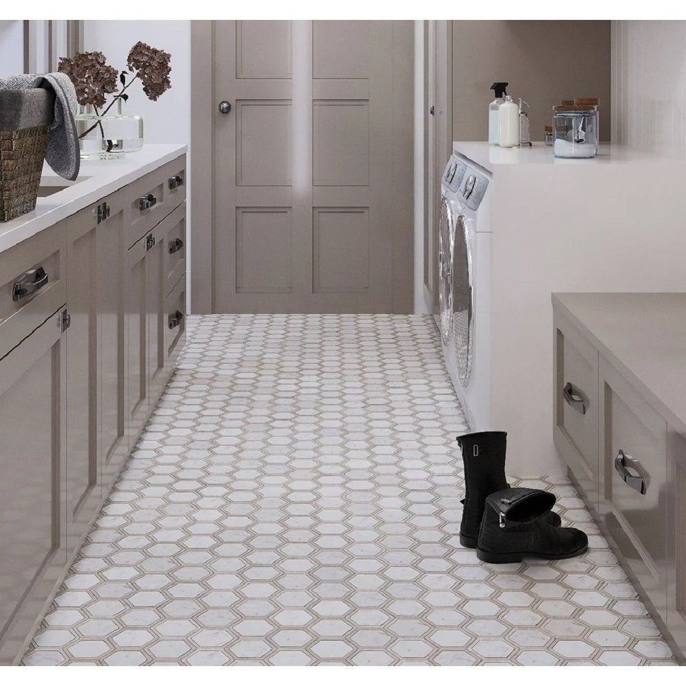 Apollo White and Beige Polished Marble Hexagon Mosaic Tile