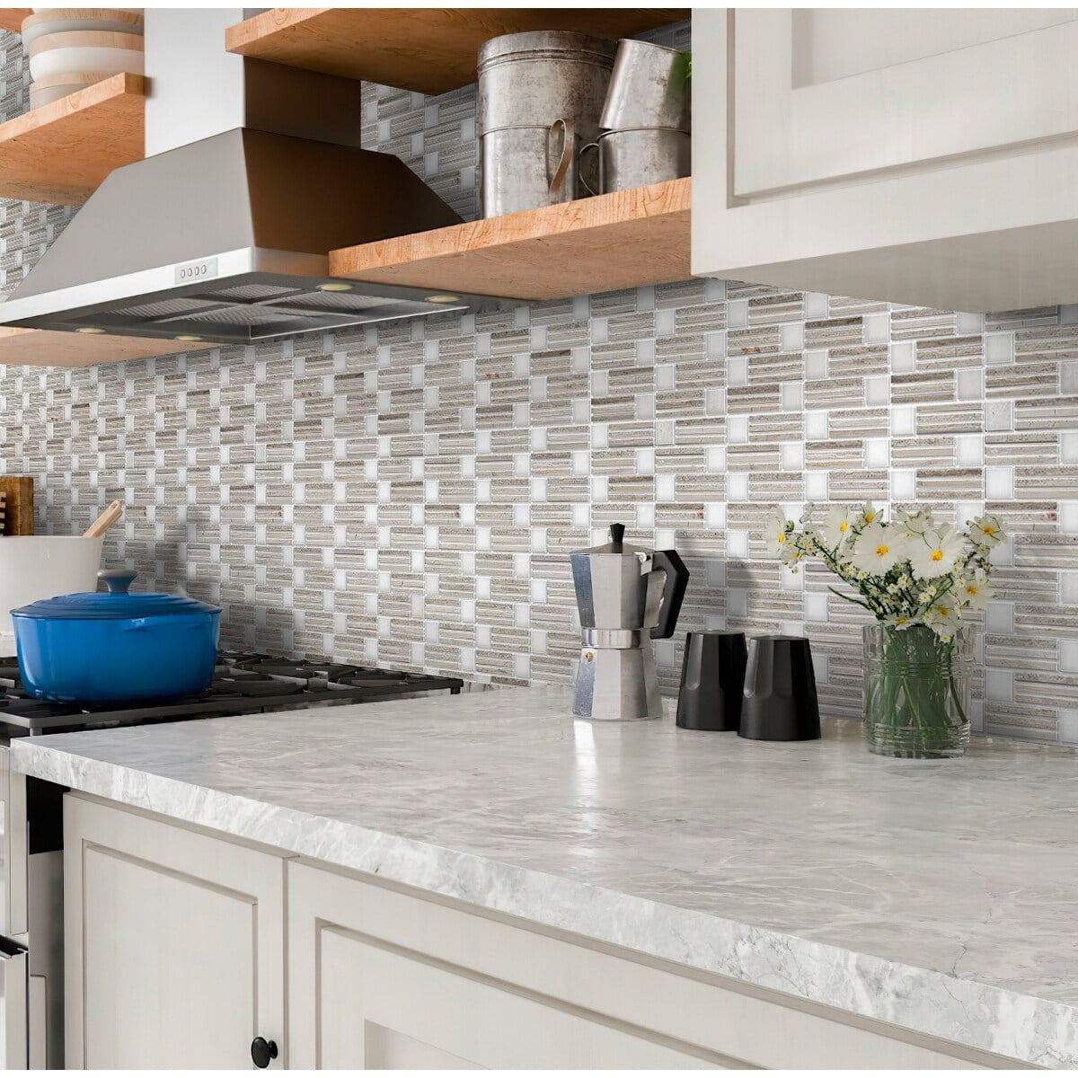 Apollo Tile   5 Pack White and Beige 12-in. x 12-in. Polished Marble Mosaic Tile (5.00 Sq ft/case)