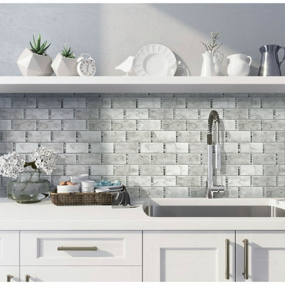 Apollo Tile 5 Pack White and Gray 11.7-in. x 13-in. Subway Polished Marble Mosaic Tile (5.28 Sq ft/case)