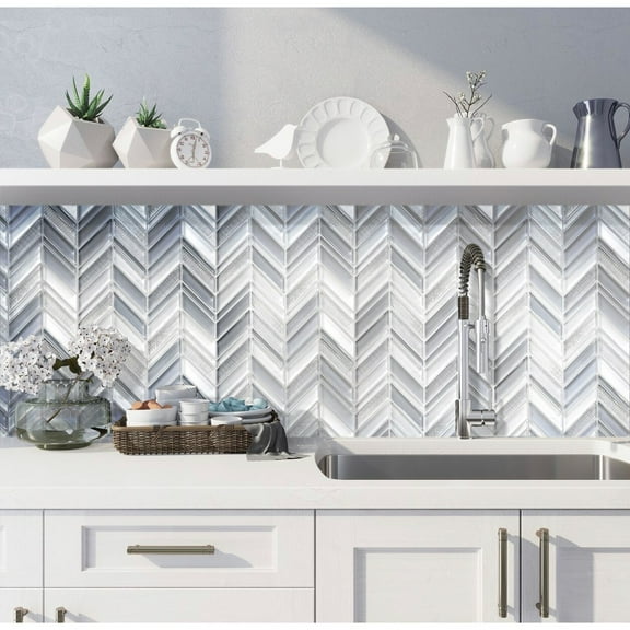 Apollo Tile   5 pack 10.4-in x 10.4-in White Blue Chevron Polished and Matte Finished Glass Mosaic Tile (3.76 Sq ft/case)