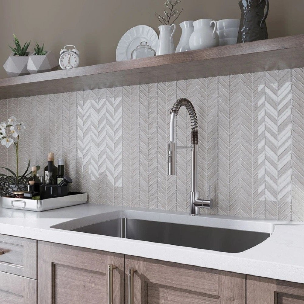 White Chevron Polished and Matte Glass Mosaic Tile