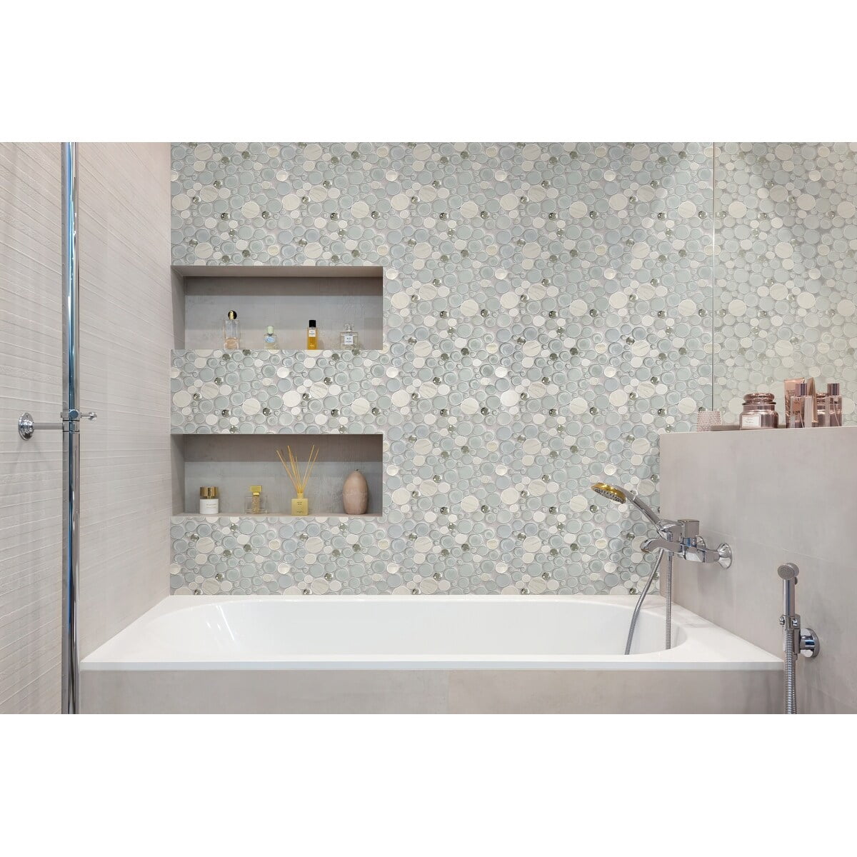 Apollo Tile   5 pack 11.6-in x 11.6-in White Sparkly Glass and Stone Polished Mosaic Wall Tile (4.67 Sq ft/case)