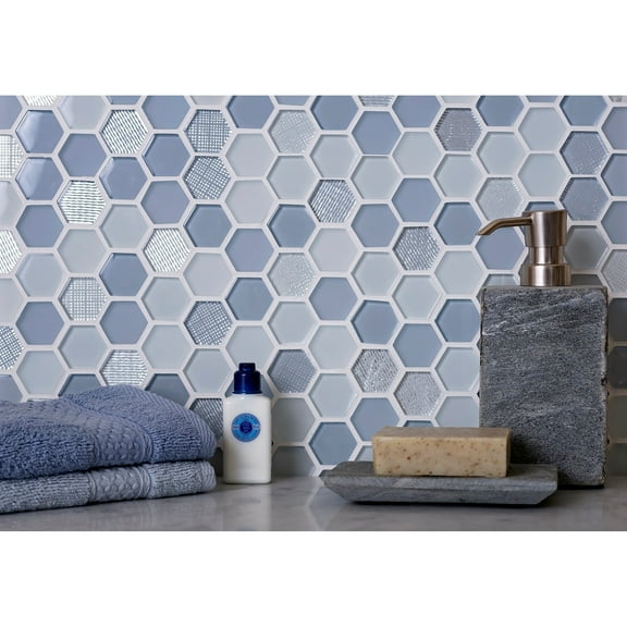 Apollo Tile   5 pack 11.6-in x 12-in Moon Gray Polished and Matte Finished Hexagon Glass Mosaic Tile (4.83 Sq ft/case)