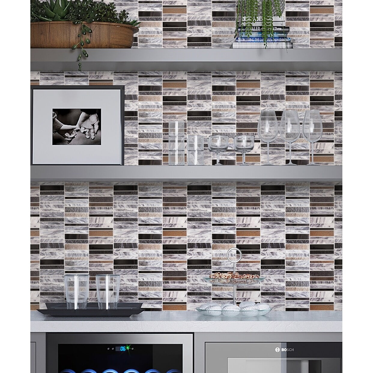 Apollo Gray, Gold, and Black Marble Glass Mosaic Wall Tile